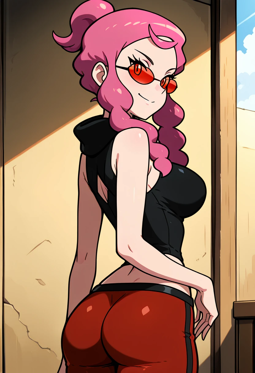 masterpiece, best quality, solo, curvy, beautiful eyes, narrow waist, wide hips, 1girl, solo, smile, looking at viewer, zzMalva, orange eyes, long hair, pink hair, sidelocks, sunglasses, tinted eyewear, sleeveless shirt, black shirt, bare arms, midriff, red pants, diamond cutout, two-tone pants, , <lora:MalvaPokemon_IXL_v2:1.0>, over the shoulder, cowboy shot, smirk, looking back, looking at viewer,