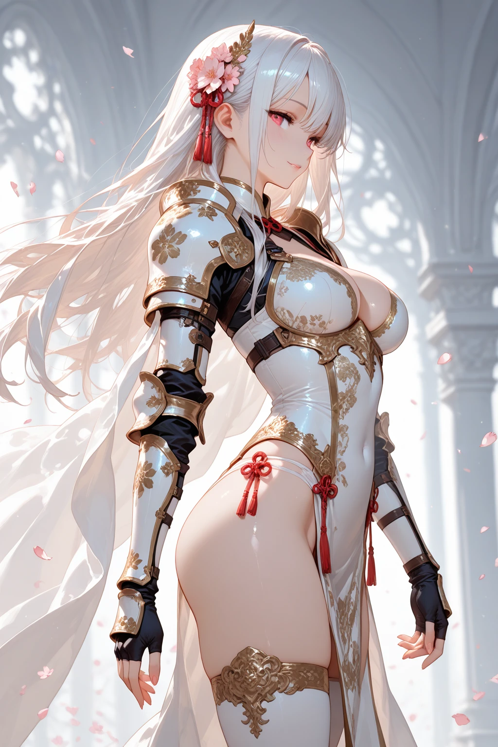 1girl, beautiful face, long legs,from side, cowboy shot,perfect anatomy, japanese armor, silver hair, long hair, floating mantle, white theme, white background, fantasy armor,  layered armors, japanese samurai armors, detailed decorated parts, dust, multi layered armors, pink trims on armors, embossed decorated armors, embossing decoration on body, gold trim on armor, seductive smiling, wearing exoskeleton , white soft light,shadow , cherry blossom, petals flying ,  looking at viewer,   , , extreme detailed, intricate, intricate details ,cinematic lighting
,depth of field, blurry background, backlighting,
 perfect anatomy, cowboy shot,, (masterpiece, best quality, amazing quality, detailed background, intricate details,intricate,absurdres, extremely aesthetic,newest:1.2)