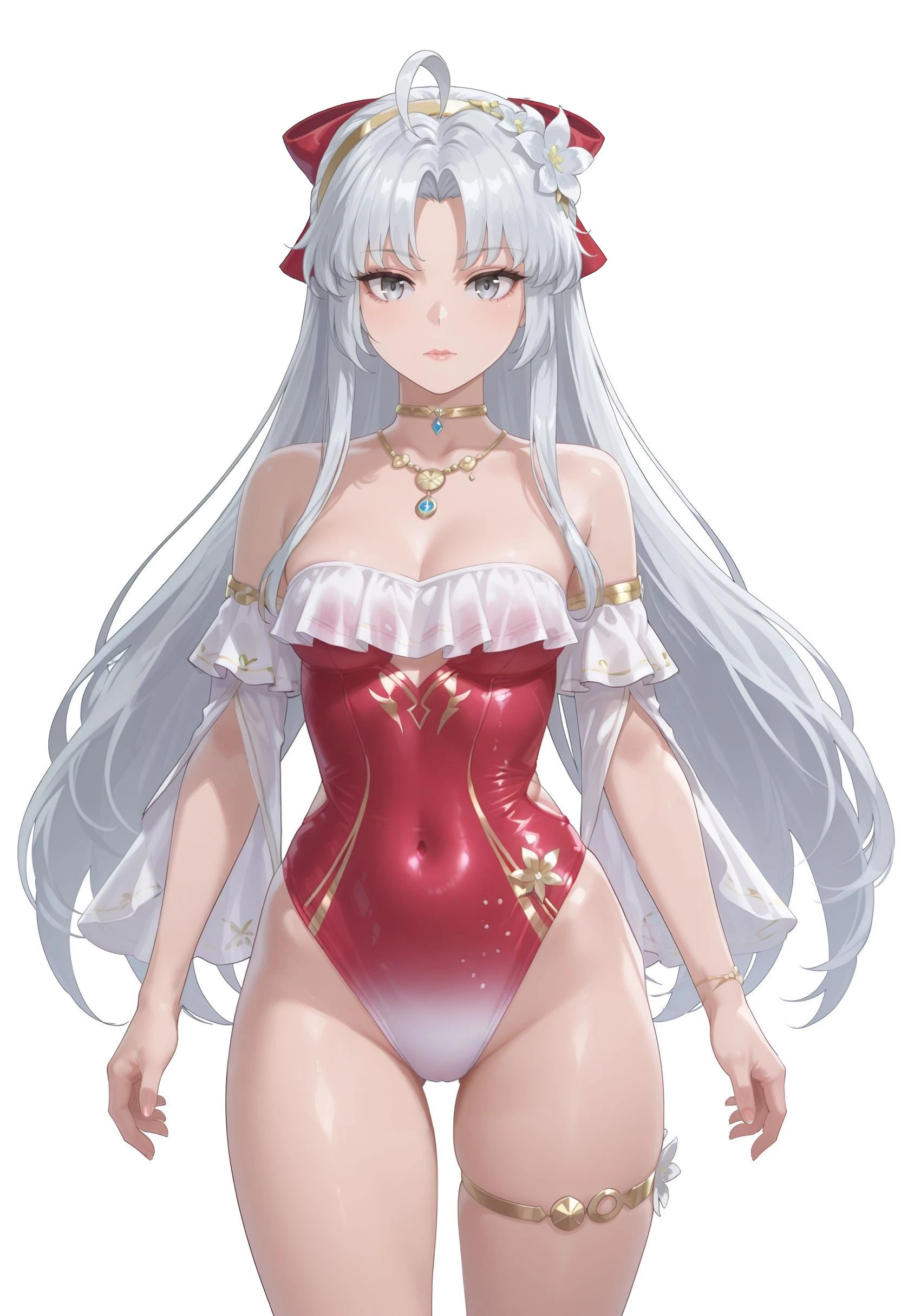 (Fidelity: 1.4), magical, masterpiece, ((female, big)), slim, muscular, sharp ears, light gray skin, long curly white hair, red eyes, smile, be careful, do not disturb, Recite the Pipa