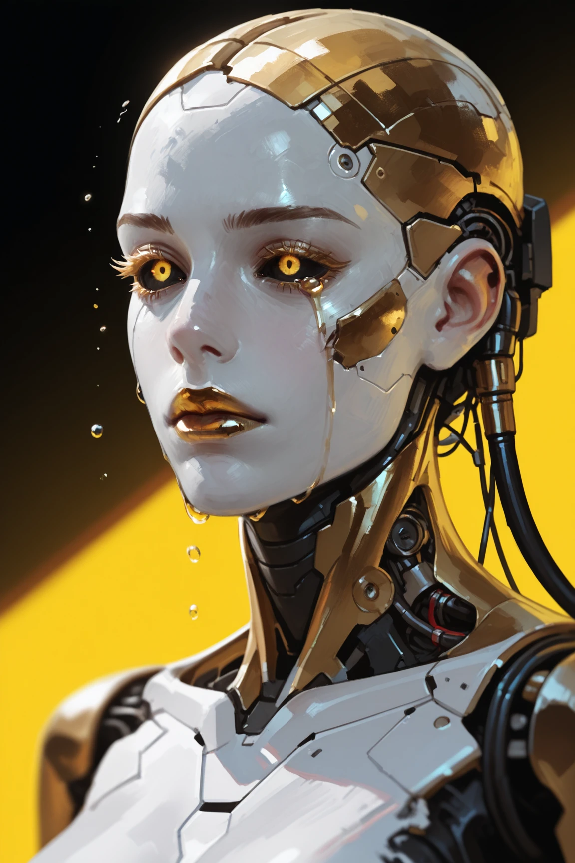 mechanical parts, solo, damaged, android, science fiction, cable,, 1girl, cyborg, portrait, , , bald, robot, black sclera, cyberpunk, gold pupils, white skin, gold, wires, , gold lips, cyberpunk, single tear, expressionless, crying with eyes open, colored eyelashes,, <lora:Detailer_NoobAI_Incrs_v1:0.75>, masterwork, masterpiece, best quality, detailed, depth of field, realistic, ultra-HD, (impressionism:1.5), high detail, best quality, very aesthetic, 8k, , , , photorealistic, , , (cheekbones:0.75), adult, aged up, dynamic pose, depth of field, dynamic angle