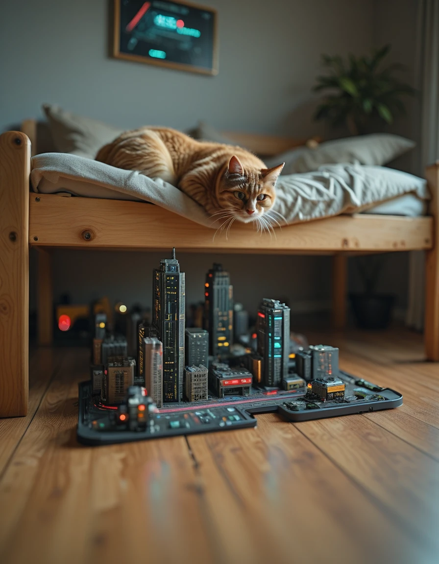 <lora:MIP-TY001ill:1> mini illuminated cyberpunk city on the wooden floor halfway under a wooden bed, while a cat is on the bed, from side, bokeh,