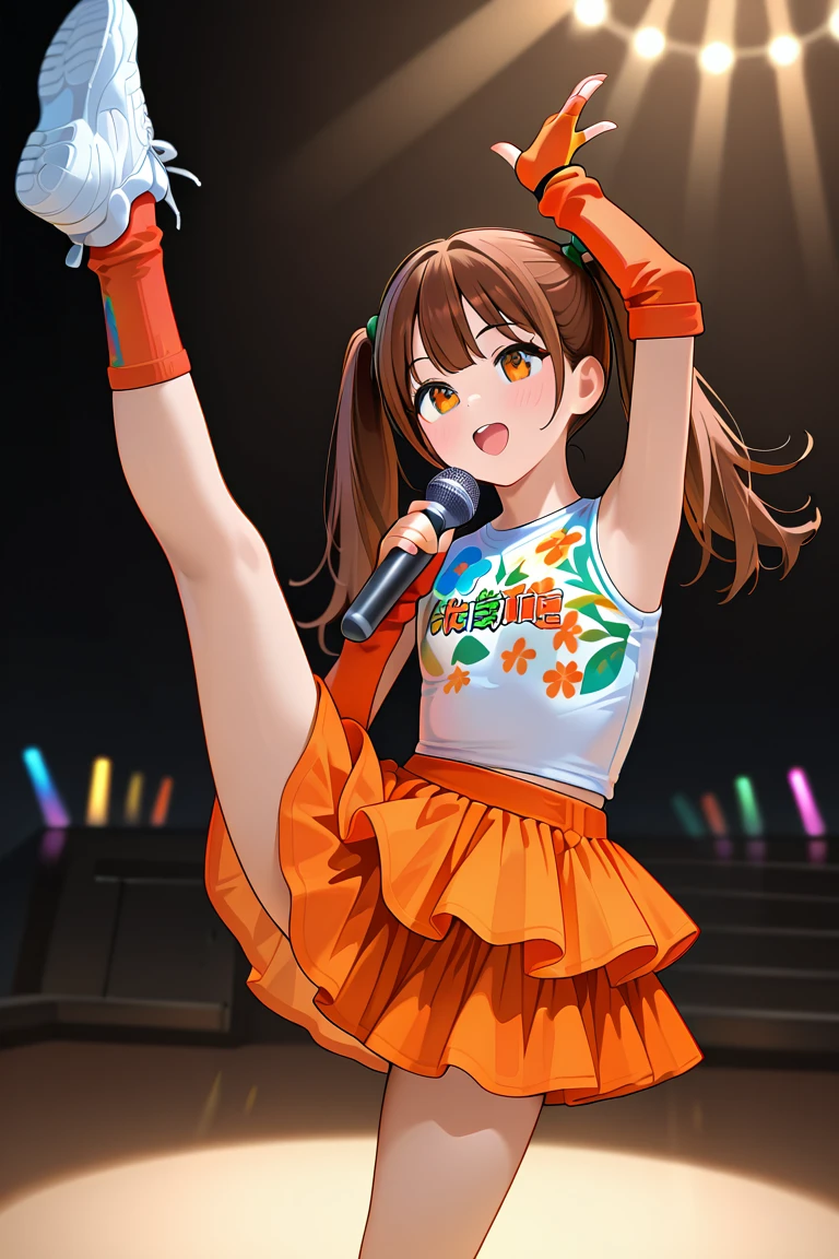 chocolate_hair,amber_eyes,bob,1girl,solo <lora:OrangeCasual_ClothingV1.1_Illustrious:1.0>,orangecasual,floral print,white shirt,print shirt,sleeveless shirt,layered skirt,orange skirt ,orange fingerless gloves,socks ,white sneakers,1girl, solo, stage lights, dancing, one leg up, twintails flying, holding mic, spotlight, motion blur, open mouth, action pose, masterpiece, best quality, amazing quality, newest, masterpiece, best quality, amazing quality, newest