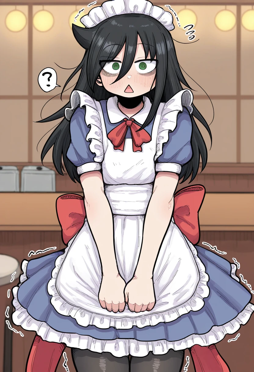 <lora:MCNsGeromazuunkoman02:1> MCNsc4kemq3,1girl, kuroki tomoko, black hair, solo, green eyes, apron, bags under eyes, pantyhose, long hair, white apron, maid headdress, maid, dress, hair between eyes, short sleeves, frills, heart, black pantyhose, alternate costume, looking at viewer, frilled apron, blush, puffy short sleeves, blue dress, maid apron, ribbon, puffy sleeves, bow, red ribbon, ?, enmaided, messy hair, red bow, cowboy shot, triangle mouth, collared dress, ..., neck ribbon, trembling, spoken question mark, spoken ellipsis, frilled dress, back bow, wide-eyed,cafe, red_interior, dutch angle, night,