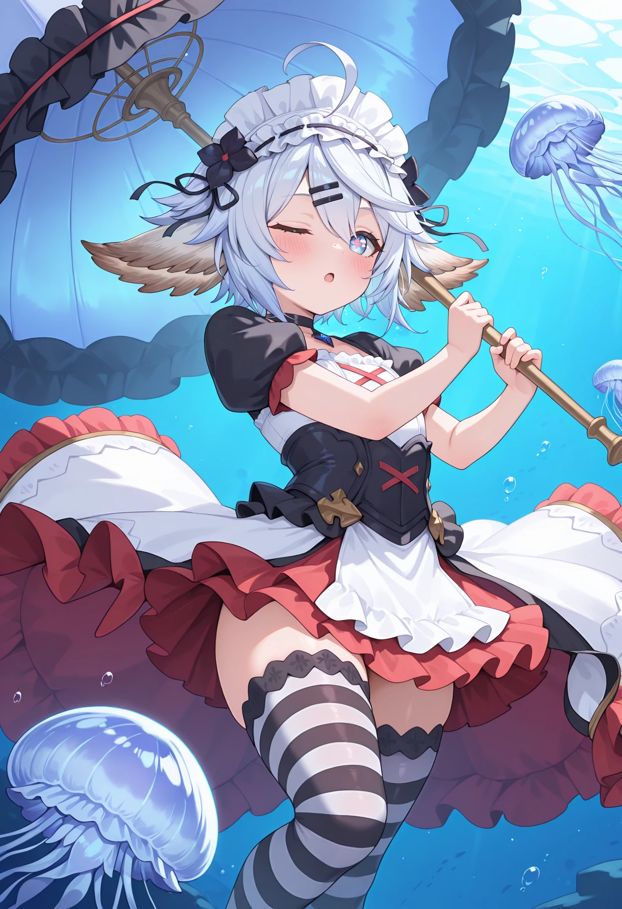 highres, best quality, masterpiece, indoors, underwater, caustics,
1girl, solo, gbfwam, short hair, white hair, blue hair, animal ears, ahoge, blue eyes, + +, flower-shaped pupils,
gbwmhal, enmaided, maid headdress, hairclip, frilled hairband, cross-laced clothes, black choker, pendant choker, black sleeves, red sleeves, white dress, two-tone dress, frilled dress, puffy short sleeves, layered dress, red skirt, frills, overskirt, black corset, black thighhighs, striped thighhighs,
blush, open mouth, expressionless, one eye closed,
floating, holding umbrella, dynamic pose, jellyfish,
<lora:_wamdus-elesico-ilxlA:1>