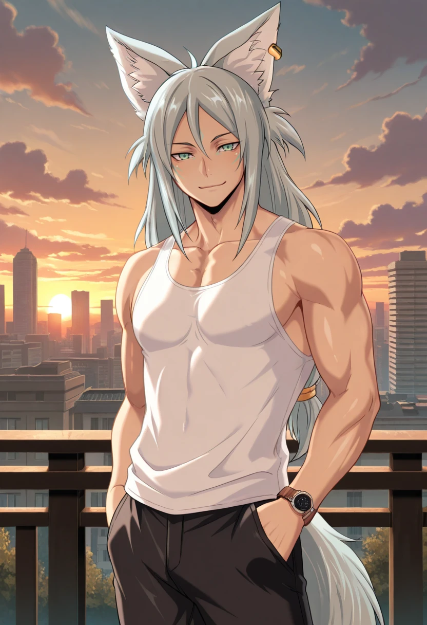 masterpiece, best quality, absurdres, newest, perfect quality, best quality, absolutely eye-catching, detailed background, intricate details, solo,
<lora:ILR4Leon:1>
R4Leon, 1boy, male focus, long hair, grey hair, green eyes, animal ears, fox boy, facial mark, looking at viewer, male focus, white tank top, outdoors, sunset, building, black pants, hands in pockets, city, cloudy sky, smile, watch, muscular male, cloud, closed mouth, pectorals, toned male, standing, evening, cityscape, bare shoulders