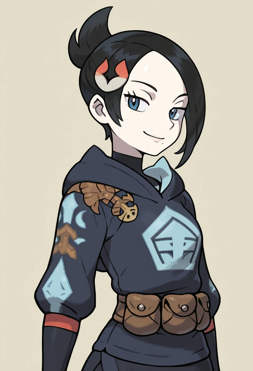masterpiece, best quality, solo, curvy, beautiful eyes, narrow waist, wide hips, 1girl, solo, smile, looking at viewer,  zzMai, blue eyes, hair over one eye, black hair, hair ornament, hairclip, short hair,   black skirt, brown bag, diamond clan outfit, hood, hood down, jacket, pantyhose, pouch, print pantyhose, skirt, long sleeves,   <lora:MaiPokemon_IXL_v4:1.0>, upper body, side view, smile, looking at viewer, shiny skin,
