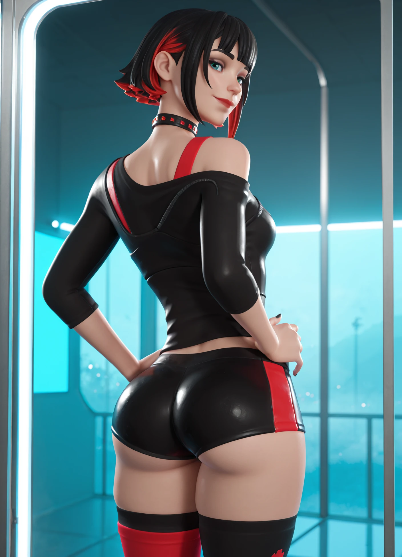 intricate details, looking at viewer, hyperdetailed skin texture, specular highlights, perfect lighting, subsurface scattering, masterpiece, best quality, amazing quality, 4k, very aesthetic, high resolution, ultra-detailed, absurdres, newest, scenery, 3d, rendered, realistic, pixar,
1girl, (cellulite:0.8), skindentation, black eye shadow, teal eyes,
1girl, solo, black hair, thighhighs, multicolored hair, black nails, from behind, red hair, shorts, off shoulder, nail polish, choker, black thighhighs, ((asymmetrical legwear)), short hair, two-tone hair, edge lighting, soft shadows, soft lighting, happy, teal eyes, lookint at viewer, black shorts, large ass, glass room, neon light bars, fog, hands on hips, smile,
<lora:MorganMyst:1>