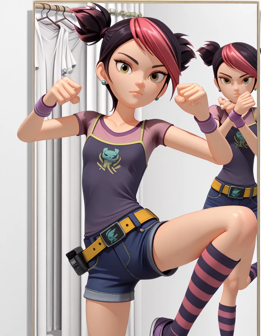 masterpiece, best quality, amazing quality,, <lora:miko-nakadai-cartoon-illustriousxl-lora-nochekaiser:1>, miko nakadai, short hair, black hair, pink hair, multicolored hair, two-tone hair, twintails, streaked hair, 3d,, jewelry, earrings, wristband, camisole, shirt, short sleeves, striped, striped kneehighs, belt, shorts, denim,, <lora:kung-fu-illustriousxl-lora-nochekaiser:1>, kung fu, martial arts, training, fighting stance, cowboy shot, hands up, leg up, fitting room, mirror, clothes, privacy, store, cowboy shot, solo, looking at viewer, <lora:transparent-background-illustriousxl-lora-nochekaiser:1>, transparent background, simple background, white background