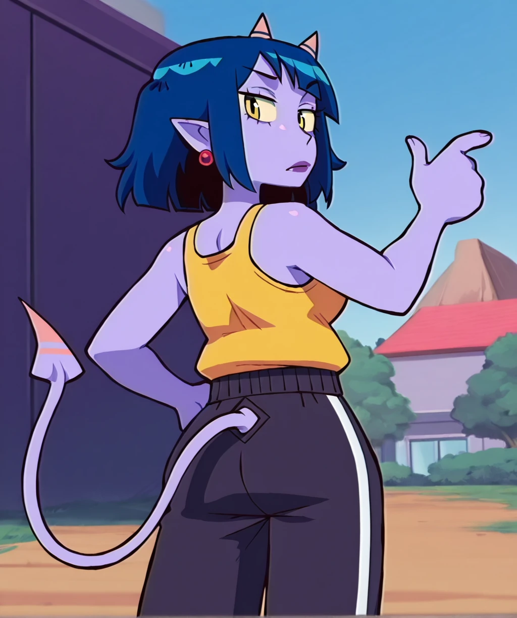Female, eye shadow, (star hair accessory), large breasts, open cardigan, hands on hips, peace sign, smirk, short hair, (yellow eyes) (gray hair), left eye hidden, hair over left eye, ((focus on bra)), hypno eyes, spiral eyes, leg warmers, stars on outfit, black leg tights, skirt, long white gloves reaching elbow, jewelry, earrings