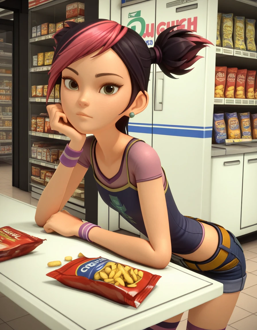 masterpiece, best quality, amazing quality,, <lora:miko-nakadai-cartoon-illustriousxl-lora-nochekaiser:1>, miko nakadai, short hair, black hair, pink hair, multicolored hair, two-tone hair, twintails, streaked hair, 3d,, jewelry, earrings, wristband, camisole, shirt, short sleeves, striped, striped kneehighs, belt, shorts, denim,, sitting, elbow rest, table,, convenience store, snacks, shelves, counter, quick, cowboy shot, solo, looking at viewer,