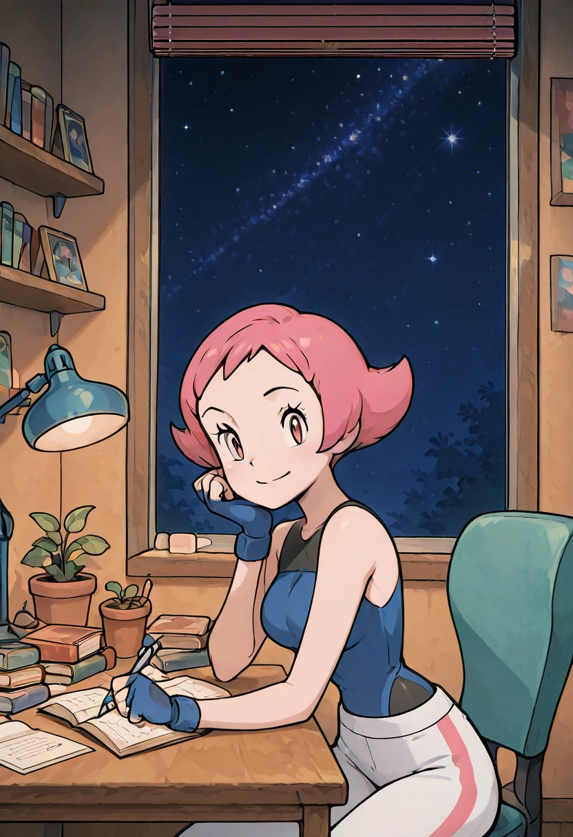 masterpiece, best quality, solo, curvy, beautiful eyes, narrow waist, wide hips, 1girl, solo, smile, looking at viewer, zzMaylene, pink eyes, pink hair, short hair, fingerless gloves, blue shirt, sleeveless shirt, white pants, <lora:MaylenePokemon_IXL_v1:1.0>, , zzLofi, sitting, side view, desk, chair, book, bookshelf, head rest, holding, holding pen, lamp, night, open book, pen, plant, potted plant, sky, star (sky), starry sky, window, windowsill, writing, <lora:LofiGirl_Style_IXL:0.8>,