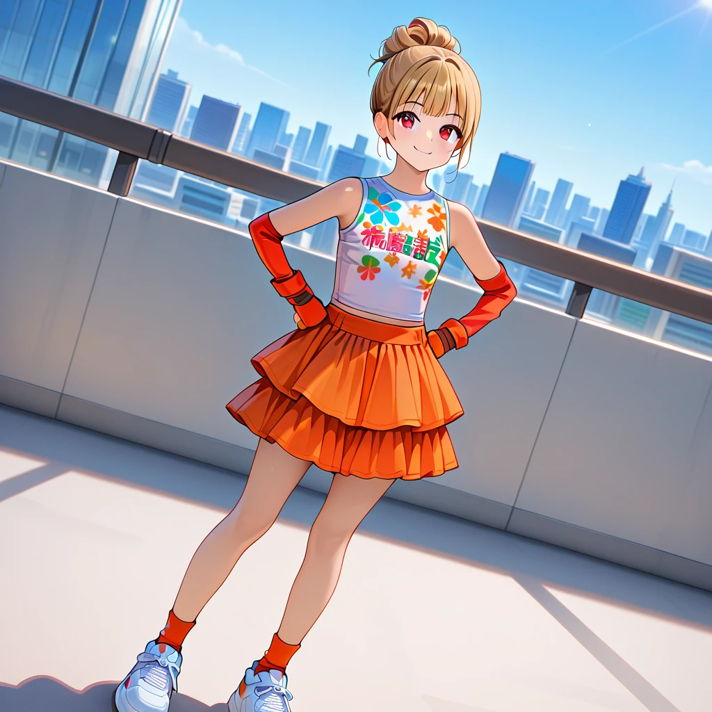 dark blonde_hair,red_eyes,updo hairstyle,1girl,solo <lora:OrangeCasual_ClothingV1.1_Illustrious:1.0>,orangecasual,floral print,white shirt,print shirt,sleeveless shirt,layered skirt,orange skirt ,orange fingerless gloves,socks ,white sneakers,1girl, solo, standing, smile, looking at viewer, hands on hips, outdoor, blue sky, bright sunlight, cityscape background, full body, dynamic angle, masterpiece, best quality, amazing quality, newest