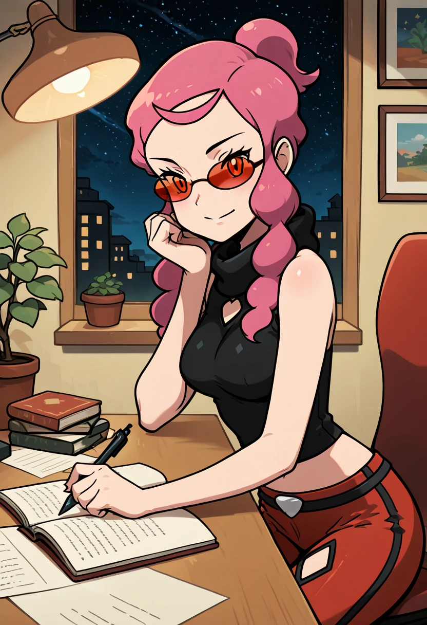 masterpiece, best quality, 1girl, solo, looking at viewer, smile, zzMalva, orange eyes, long hair, pink hair, sidelocks, sunglasses, tinted eyewear, sleeveless shirt, black shirt, bare arms, midriff, red pants, diamond cutout, two-tone pants, , <lora:MalvaPokemon_IXL_v2:1.0>, , zzLofi, sitting, side view, desk, chair, book, bookshelf, head rest, holding, holding pen, lamp, night, open book, pen, plant, potted plant, sky, star (sky), starry sky, window, windowsill, writing, <lora:LofiGirl_Style_IXL:0.8>,