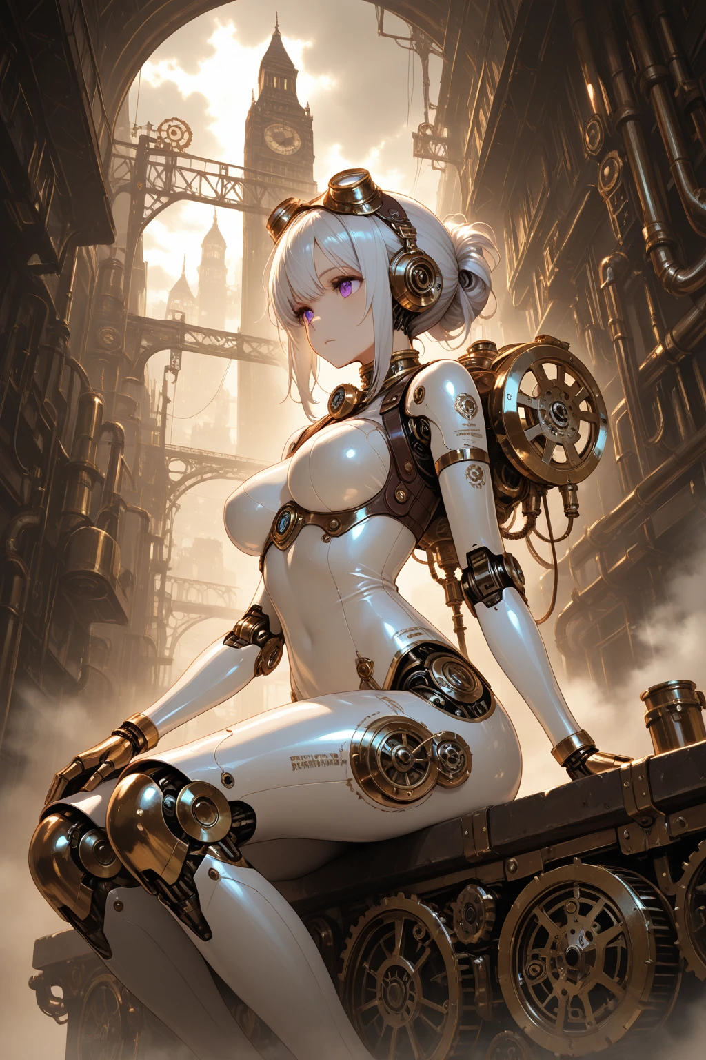 beautiful anime-style female android with long silver hair and purple eyes, sitting pensively on a brass mechanical structure, wearing a sleek white and gold cybernetic bodysuit with steampunk detailing, exposed gears, pistons, and metallic joints, surrounded by massive gear-driven clock towers, copper pipes, fog around, steam vents, and rotating mechanisms, futuristic-steampunk hybrid cityscape, intricate mechanical background with gothic-industrial architecture, focus on girl, cowboy shot,
steampunk aesthetic, highly detailed brass and bronze textures, glowing retro-tech elements, cloudy sky with warm diffused sunlight casting soft shadows, cinematic lighting with atmospheric haze, gear motifs, polished metallic reflections, dynamic depth, industrial golden age ambiance, ultra-detailed, masterpiece illustration, anime steampunk fusion, (masterpiece, best quality, amazing quality, detailed background, intricate details,intricate,absurdres, extremely aesthetic,newest:1.2)