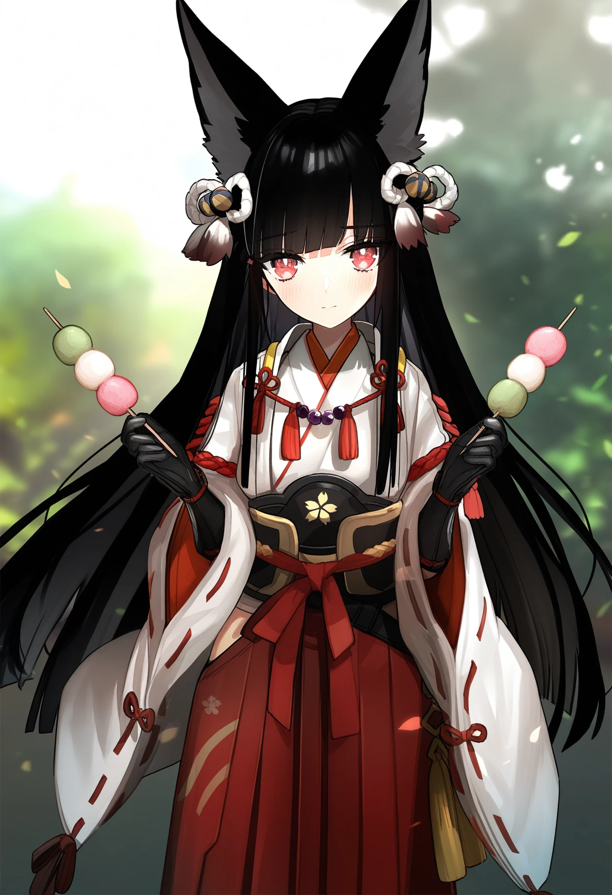 by wada arco, best quality, masterpiece BREAK
Hoshimi Miyabi cosplaying Minoto wears elaborate red, white, and gold Japanese cosplay with red hakama and black gloves, displaying prominent fox ears and long black hair adorned with ornaments. She shyly looks at the viewer with red eyes while holding two multi-colored dango skewers. The softly blurred background of green leaves and light effects highlights her detailed features and creates a calm, serene mood.