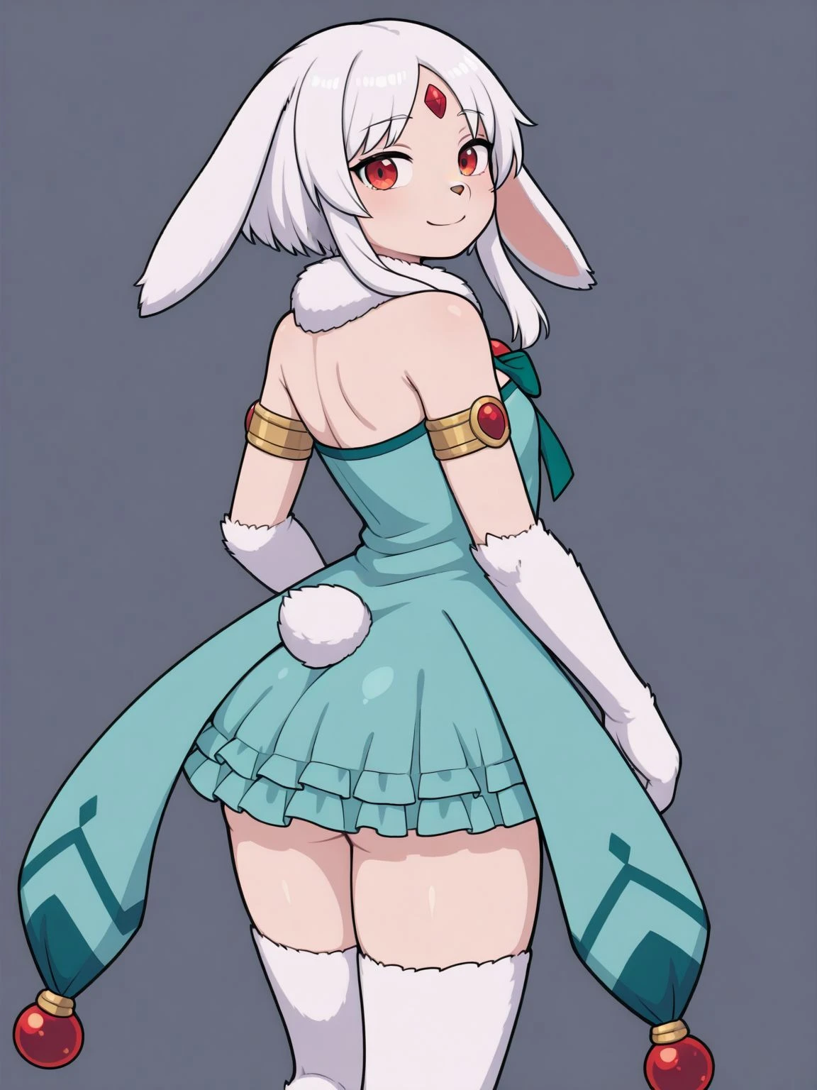 1girl,solo,<lora:Rulier_Carbuncle_Illustrious_V1.0:1>,monrulier,rabbit girl,monster girl,animal ears,ears down,floppy ears,rabbit ears,animal hands,white hair,short hair,short hair with long locks,sidelocks,white fur,animal nose,parted bangs,fur collar,neck fur,red eyes,forehead jewel,elbow gloves,gem,red gemstone,bare shoulders,armlet,ribbon,skirt,sleeveless dress,aqua dress,frilled dress,short dress,green bow,rabbit tail,strapless dress,digitigrade,thighhighs,animal feet,smile,looking at viewer,standing,cowboy shot,ass,from behind,