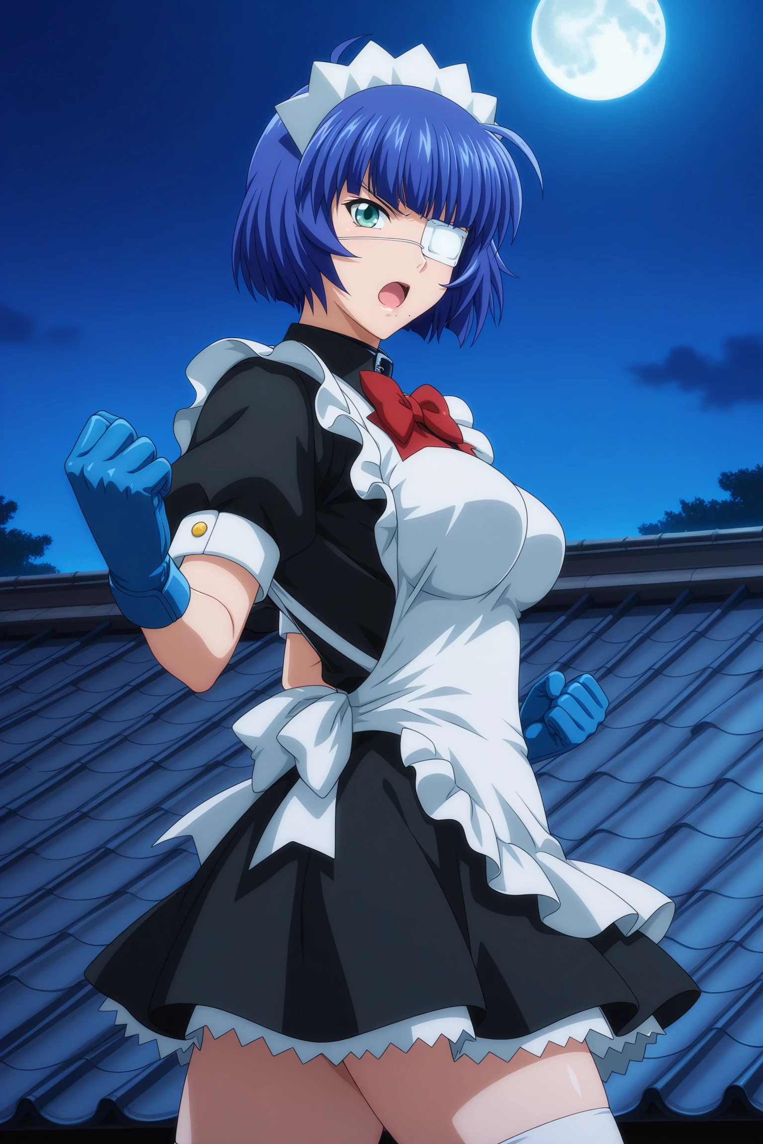 masterpiece, best quality, amazing quality, highres, absurdres, very aesthetic, high resolution, ultra detailed, perfect details, 1girl, solo, outdoors, east asian architecture, (Standing on roof:1.5), night, moon, ryomou shimei, short hair, blue hair, ahoge, blunt bangs, green eyes, medical eyepatch, mole under mouth, maid, short sleeves, maid headdress, black collar, red bowtie, maid apron, back bow, black dress, blue gloves, white thighhighs, black footwear, boots, <lora:Shimei_Ryomou_ILXL:0.8>, (aged up:1.5), (cowboy shot:1.5), (fighting stance:1.1), looking at the viewer, (anime coloring:1.2), angry, serious, open mouth, from side