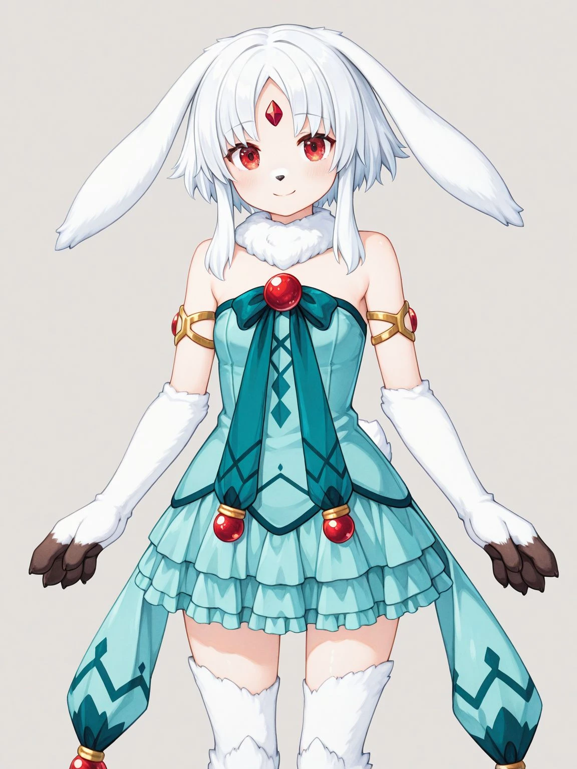 1girl,solo,<lora:Rulier_Carbuncle_Illustrious_V1.0:1>,monrulier,rabbit girl,monster girl,animal ears,ears down,floppy ears,rabbit ears,animal hands,white hair,short hair,short hair with long locks,sidelocks,white fur,animal nose,parted bangs,fur collar,neck fur,red eyes,forehead jewel,elbow gloves,gem,red gemstone,bare shoulders,armlet,ribbon,skirt,sleeveless dress,aqua dress,frilled dress,short dress,green bow,rabbit tail,strapless dress,digitigrade,thighhighs,animal feet,standing,cowboy shot,smile,looking at viewer,