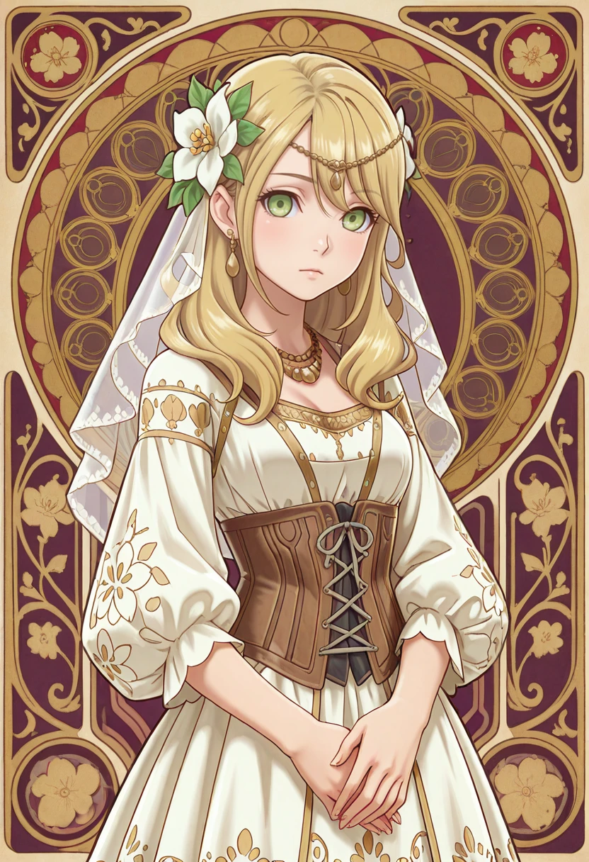 masterpiece, very aesthetic, best quality, absurdres, newest, solo,
<lora:ILR5Alice:1>
R5Alice, 1girl, long hair, blonde hair, long hair, green eyes, looking at viewer, white dress, jewelry, white flower, art nouveau, earrings, long sleeves, own hands together, corset, hair ornament, framed, hair flower, veil, necklace, head chain, puffy sleeves, closed mouth, floral print, standing, lace