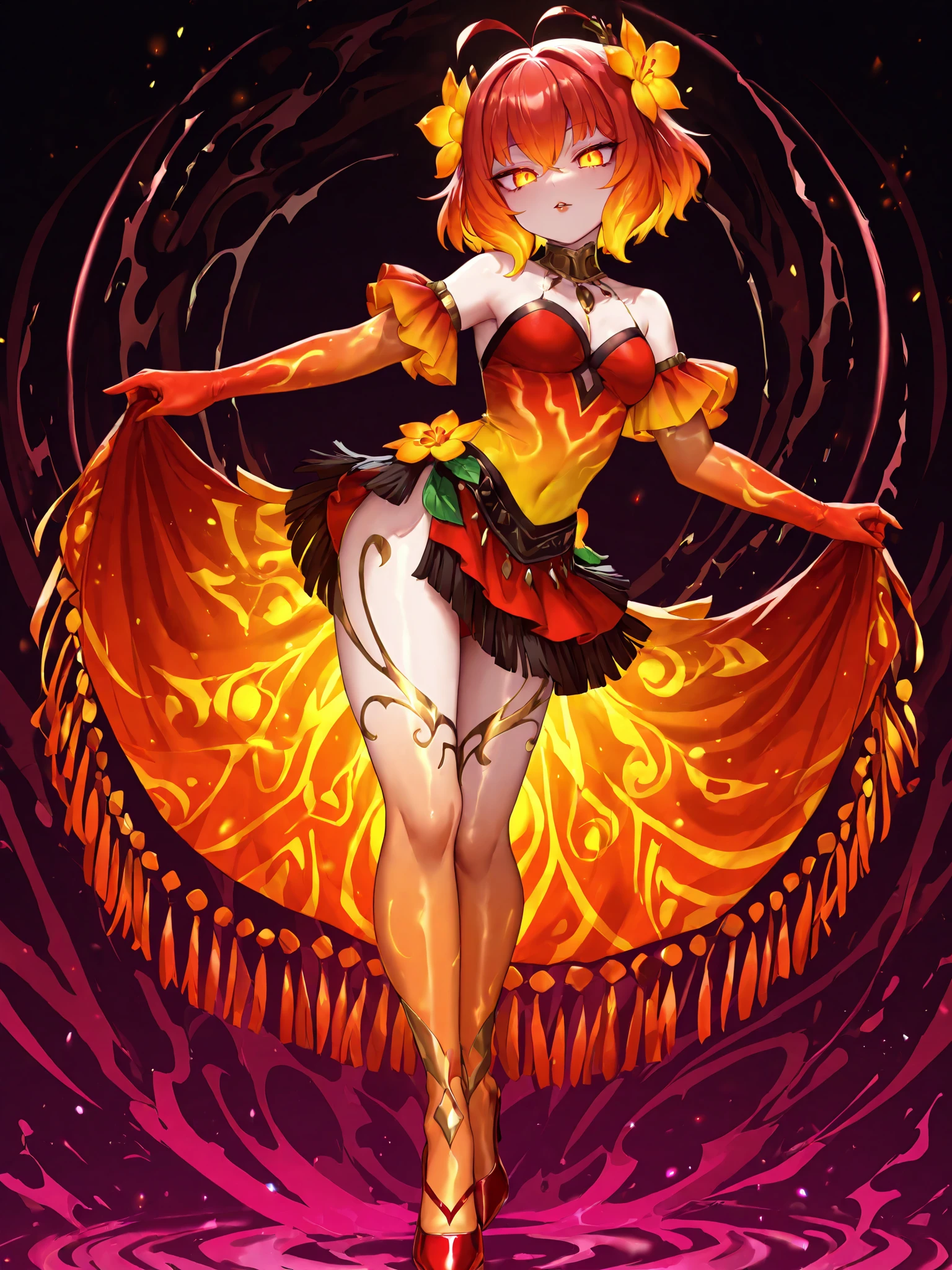 ((Detailed, 8k, masterpiece, high definition)) Ember, solo, 1 girl, girl made of fire, wide hips, big ass, big breasts, sexy seductive posture, dynamic pose, bedroom, ((Detailed, 8k, masterpiece, high definition)) sexy seductive tight cut out dress, tight highs, high heels, garter straps underneath, chocker, arm sleeves, sexy seductive smile on face, ((full body view)), ready to mate