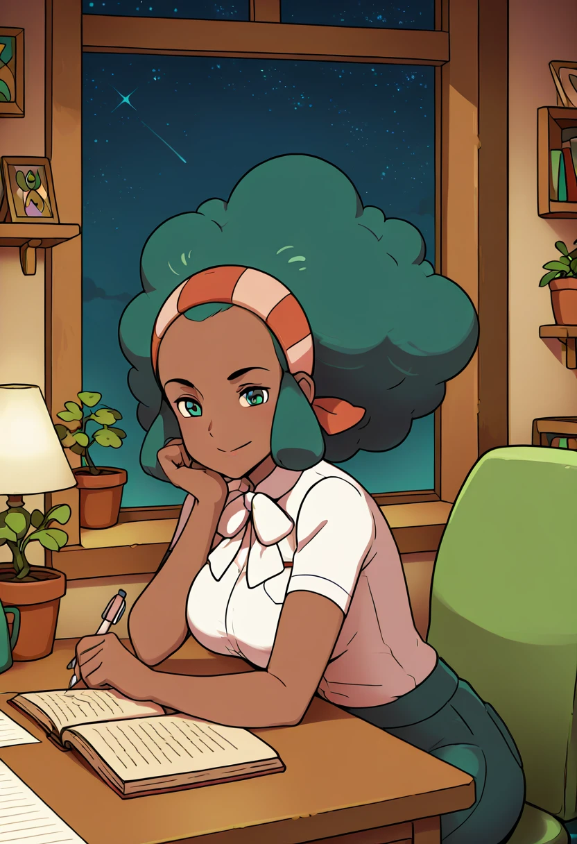 masterpiece, best quality, 1girl, solo, looking at viewer, smile,   zzLenora, green eyes, big hair, green hair, hairband, dark skin, white shirt, large breasts, bow, green pants,  , <lora:LenoraPokemon_IXL_v2:1.0>, , zzLofi, sitting, side view, desk, chair, book, bookshelf, head rest, holding, holding pen, lamp, night, open book, pen, plant, potted plant, sky, star (sky), starry sky, window, windowsill, writing, <lora:LofiGirl_Style_IXL:0.8>,