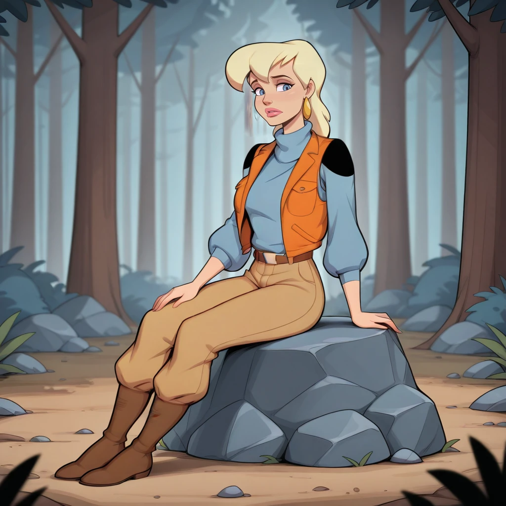 masterpiece, best quality, MaxMom, 1girl, solo, blonde hair, blue eyes, lipstick, earrings, blue turtleneck sweater, vest, cargo pants, brown belt, brown boots, <lora:MaxMom_MightyMax_illustrious_Leaf1:1>, sitting on rock, forest,