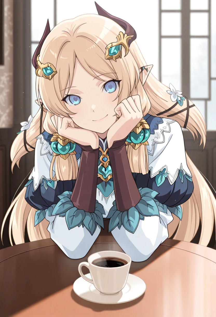 masterpiece, best quality, absurdres, newest, perfect quality, best quality, absolutely eye-catching, detailed background, intricate details, solo,
<lora:ILR4Margaret:1>
R4Margaret, 1girl, pointy ears, long hair, blonde hair, blue eyes, hair ornament, hair flower, looking at viewer, sitting at a table, cup of coffee, black and white clothing, smile