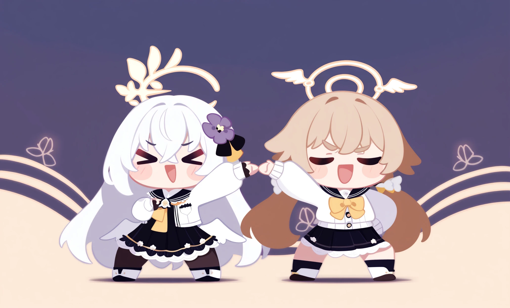 best quality, masterpiece, minimalistic, limited palette BREAK
Azusa and Hifumi from Blue Archive, chibi style, are doing a fusion dance. Azusa on the left has white hair with a purple flower, black sailor dress, and halo. Hifumi on the right has light brown hair in low twintails, a white cardigan over a black pleated skirt, and halo. Both have blushing cheeks and smiling faces. The background is diagonally split purple and cream with a subtle ornamental line.