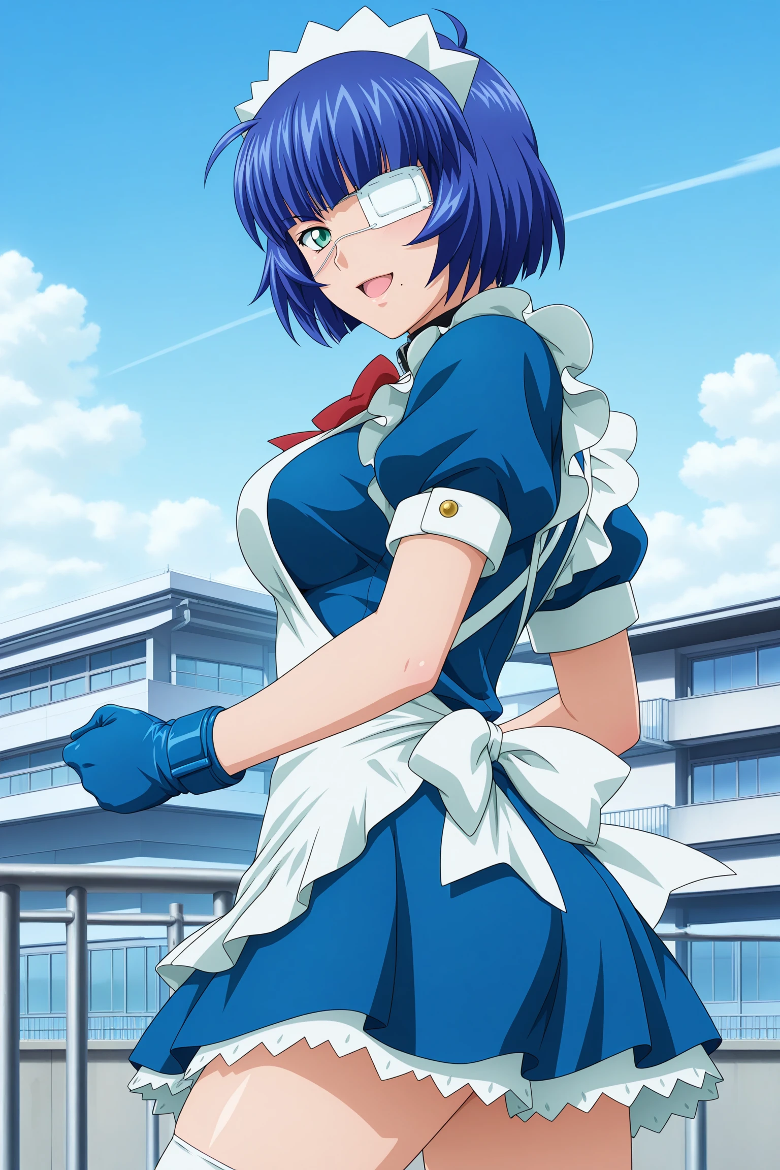 masterpiece, best quality, amazing quality, highres, absurdres, very aesthetic, high resolution, ultra detailed, perfect details, 1girl, solo, outdoors, school, rooftop, day, medium breasts, ryomou shimei, short hair, blue hair, ahoge, blunt bangs, green eyes, medical eyepatch, mole under mouth, maid, short sleeves, maid headdress, black collar, red bowtie, maid apron, back bow, blue dress, blue gloves, white thighhighs, blue footwear, boots, <lora:Shimei_Ryomou_ILXL:0.8>, (aged up:1.5), (cowboy shot:1.5), (pose:1.1), looking at the viewer, (anime coloring:1.2), smirk, open mouth, from side