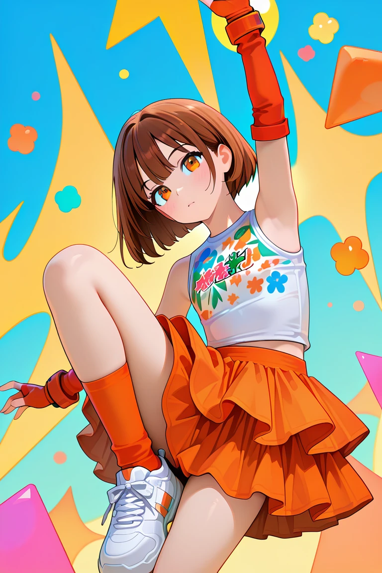chocolate_hair,amber_eyes,bob,1girl,solo <lora:OrangeCasual_ClothingV1.1_Illustrious:1.0>,orangecasual,floral print,white shirt,print shirt,sleeveless shirt,layered skirt,orange skirt ,orange fingerless gloves,socks ,white sneakers,1girl, solo, colorful background, geometric shapes, floating flowers, abstract style, looking at viewer, dynamic pose, bright lighting,, masterpiece, best quality, amazing quality, newest