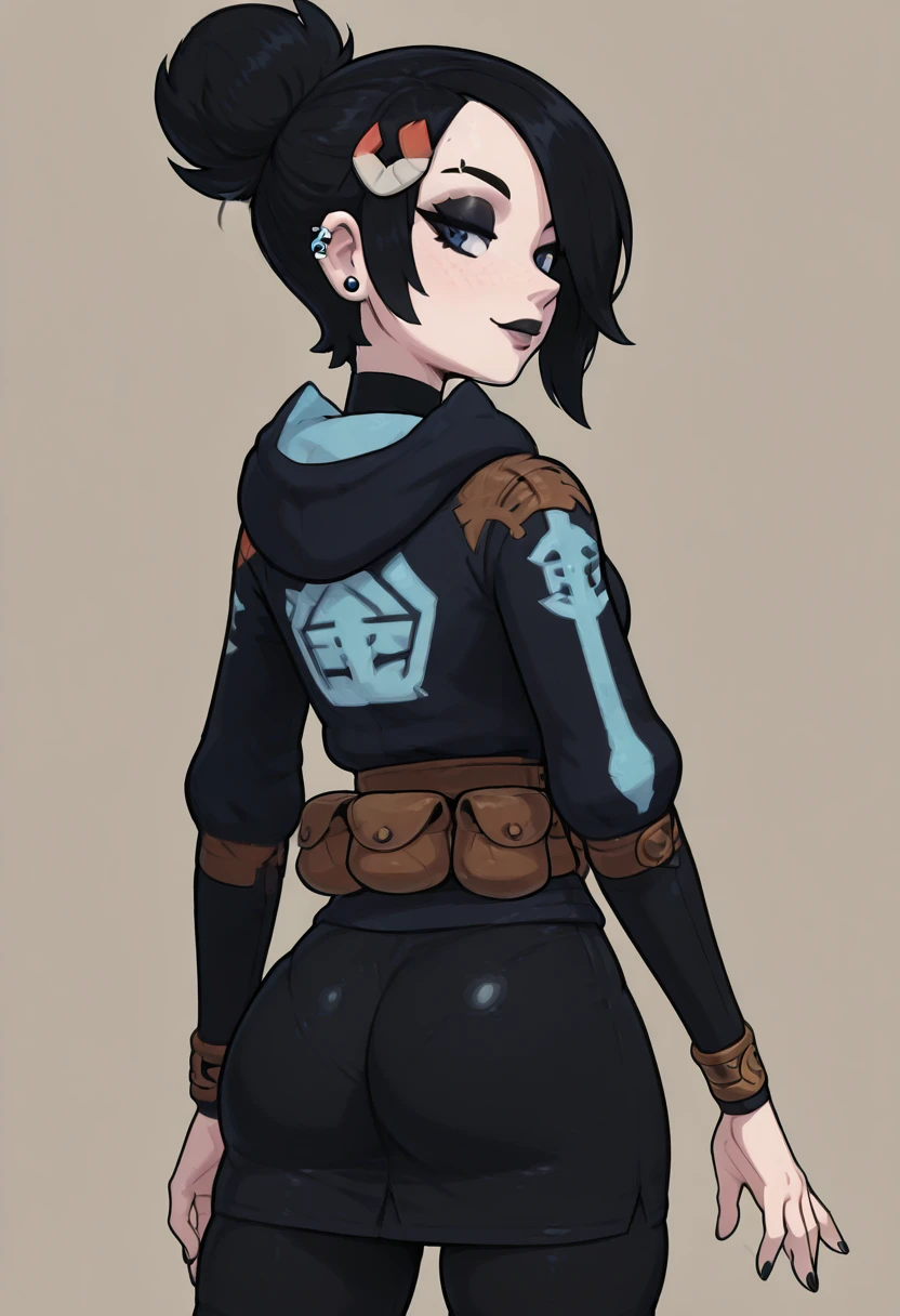 masterpiece, best quality, solo, curvy, beautiful eyes, narrow waist, wide hips, 1girl, solo, smile, looking at viewer, zzMai, blue eyes, hair over one eye, black hair, hair ornament, hairclip, short hair, black skirt, brown bag, diamond clan outfit, hood, hood down, jacket, pantyhose, pouch, print pantyhose, skirt, long sleeves, <lora:MaiPokemon_IXL_v4:1.0>, , solo, looking at viewer, simple background, ass, cowboy shot, looking back, from behind, hair over one eye, lips, skindentation, makeup, piercing, cross, lipstick, ear piercing, eyeshadow, shiny clothes, gothic, <lora:ElfFio_IXL_v2:0.8>,