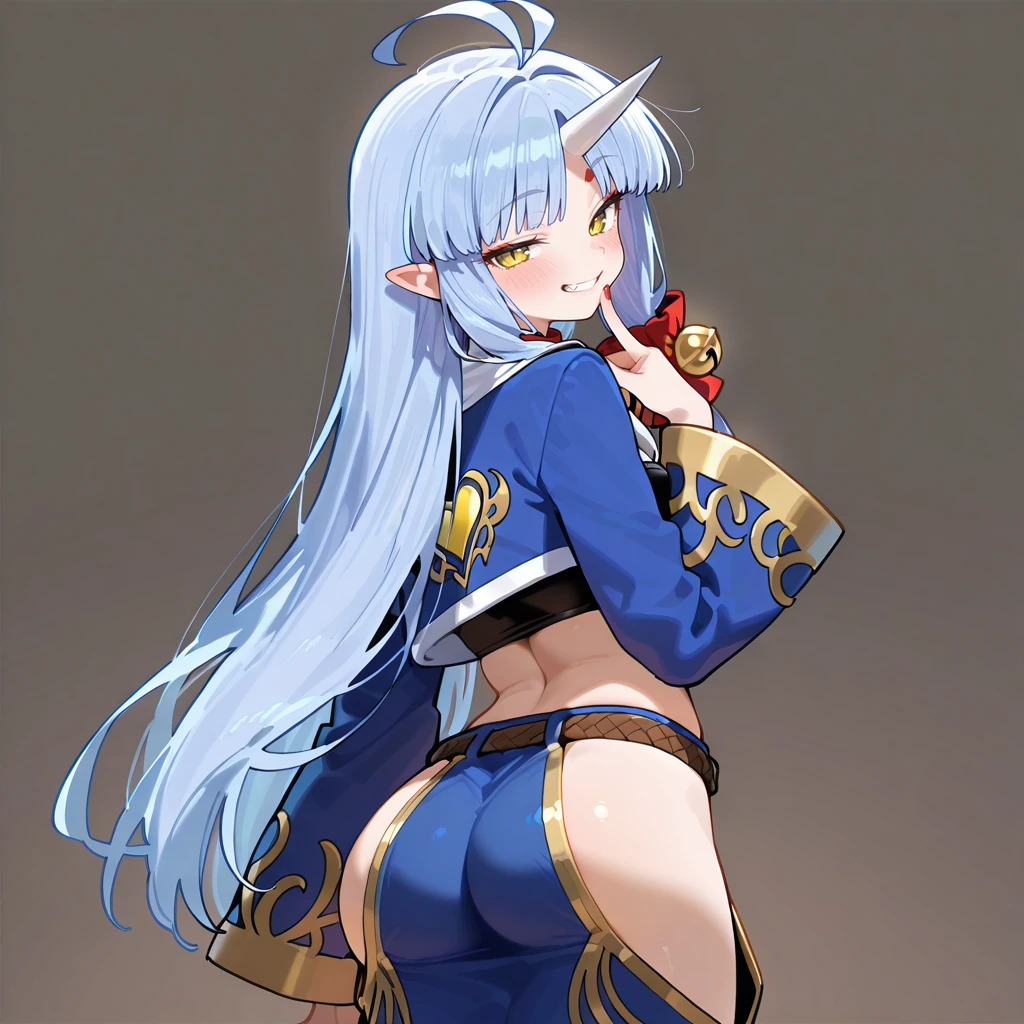 HDA_MasterpieceXLclassic, simple background, gradient grey background,  <lora:Suzuka_Hime_-_Super_Robot_Taisen_OG_Endless_Frontier:1> suzukahimeIL, 1girl, blue hair, long hair, single horn, pointy ears, forehead marks, yellow eyes, slit eyes, tube top with a golden heart Design, hair ornaments, ahoge, hip vent, blue jacket, red nails, jingle bell, blush, mischievous smile, grin, fang, horn,  HDA_Do_you_want_me_XL