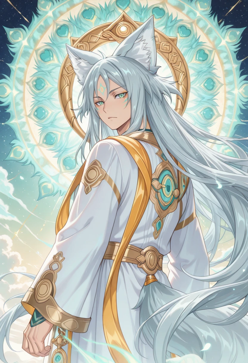 masterpiece, best quality, absurdres, newest, perfect quality, best quality, absolutely eye-catching, detailed background, intricate details, solo,
<lora:ILR4Leon:1>
R4Leon, 1boy, male focus, long hair, grey hair, green eyes, animal ears, fox boy, facial mark, looking at viewer, male focus, white robe, celestial glow, heavenly background, floating in air, soft light, divine beauty, dreamy atmosphere, ultra high resolution, majestic scenery, from behind, looking at viewer
