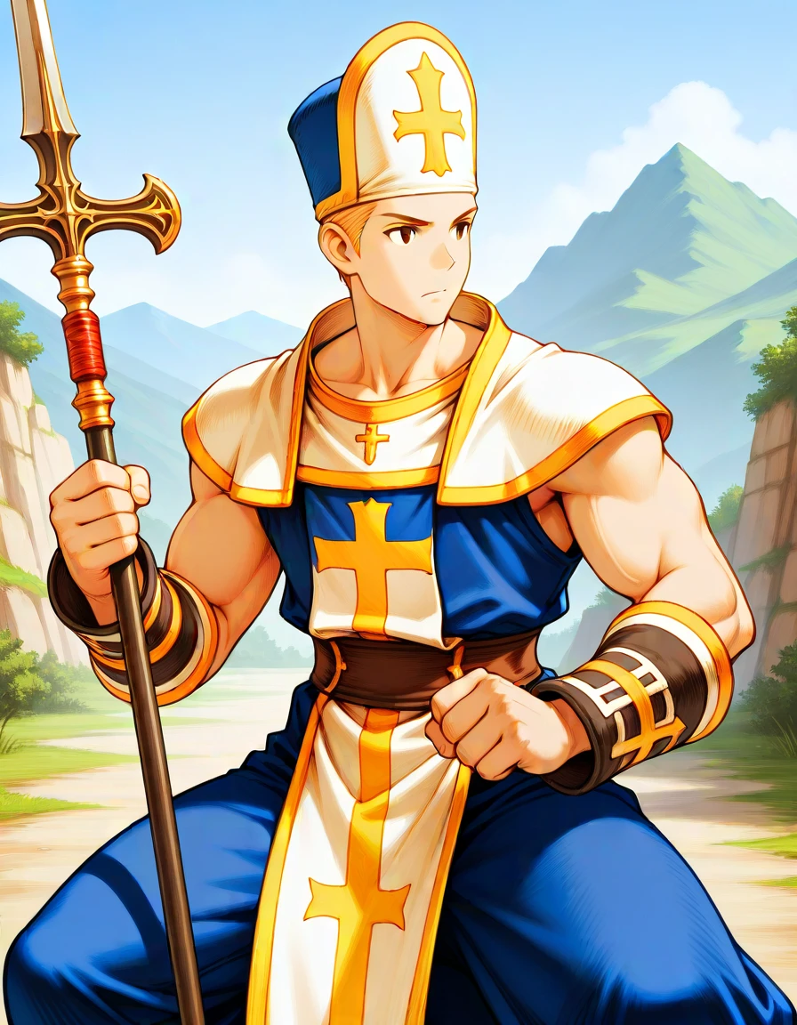 masterpiece, best_quality, very_aesthetci absurdres,
<lora:negXL:0.5> <lora:FFT_IL:1> fft, oil painting \(medium\), game cg, , , solo,1boy,portrait, holding weapon, fighting stance,,Cleric, muscular build, gold-trimmed priest vestments, fantasy art, outdoors,