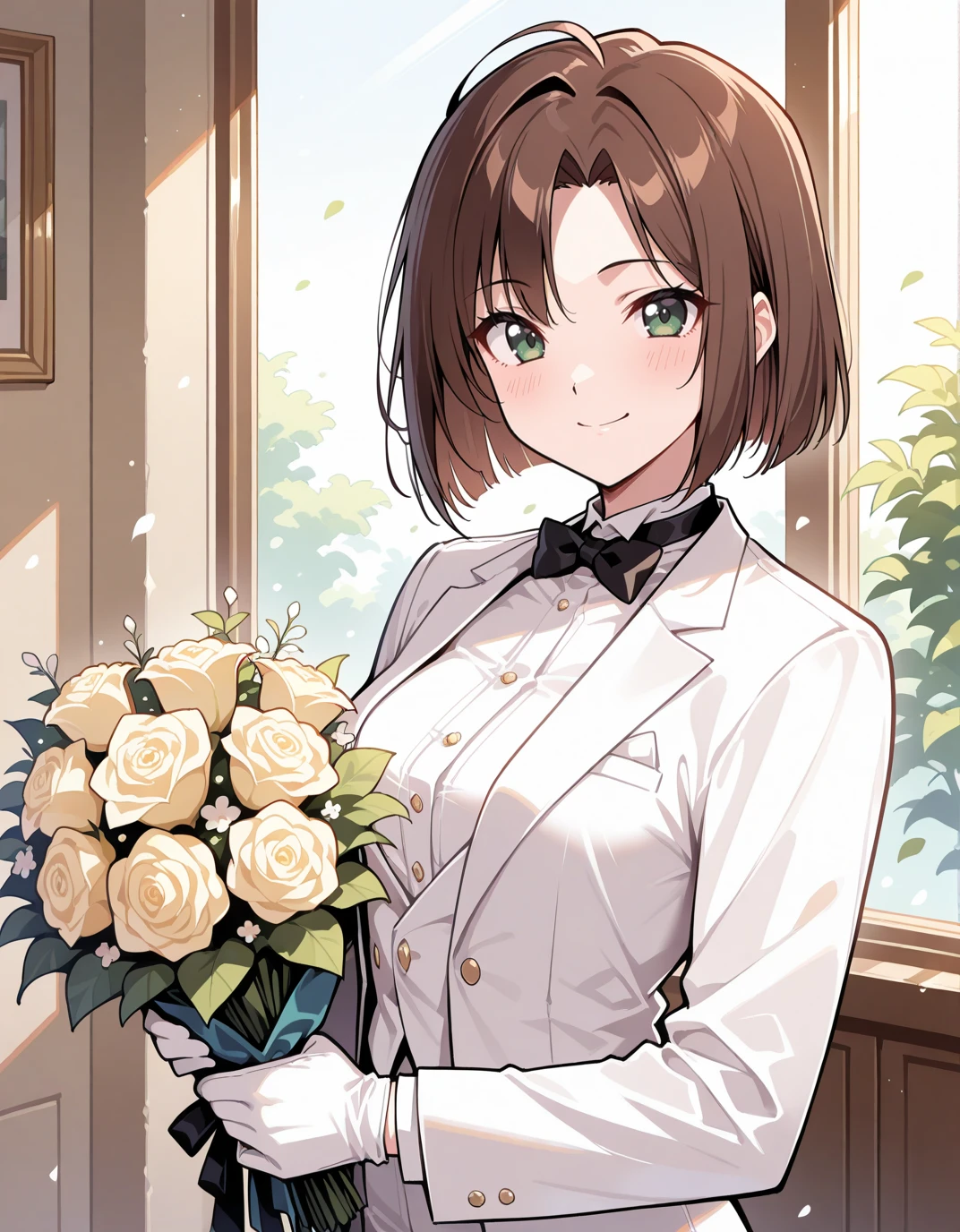 solo, <lora:AENatsumiT:1>AENatsumiT, dark green eyes, Brown hair, parted bangs, short hair,
smile, white tuxedo, holding bouquet, white gloves,, masterpiece, best quality, high quality, highres, 4k, newest, anime,