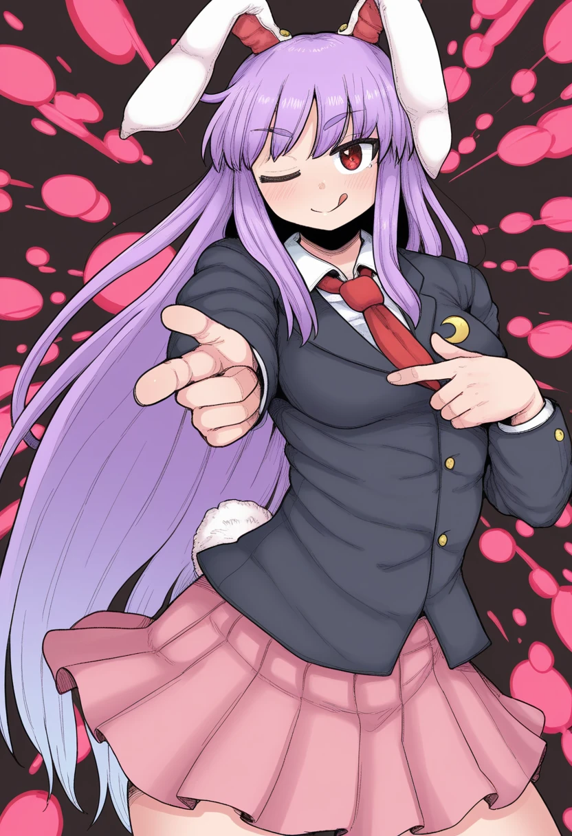 <lora:MCNsGeromazuunkoman02:1> MCNsc4kemq3,1girl, reisen udongein inaba, pointing at viewer,finger gun, danmaku, animal ears, solo, rabbit ears, long hair, skirt, necktie, tongue, one eye closed, tongue out, jacket, finger gun, crescent, shirt, red necktie, blazer, crescent pin, purple hair, rabbit girl, red eyes, collared shirt, pleated skirt, looking at viewer, smile, cowboy shot, white shirt, long sleeves, tail, very long hair, rabbit tail, ;q, pointing, black jacket, blush, buttons, closed mouth, breasts, striped background,black background,