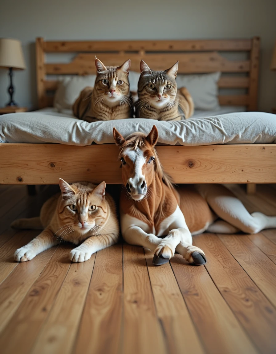<lora:MIP-TY001ill:1> horse couple lying on the wooden floor with their bodies and heads under a wooden bed, while a cat is on the bed, closeup,