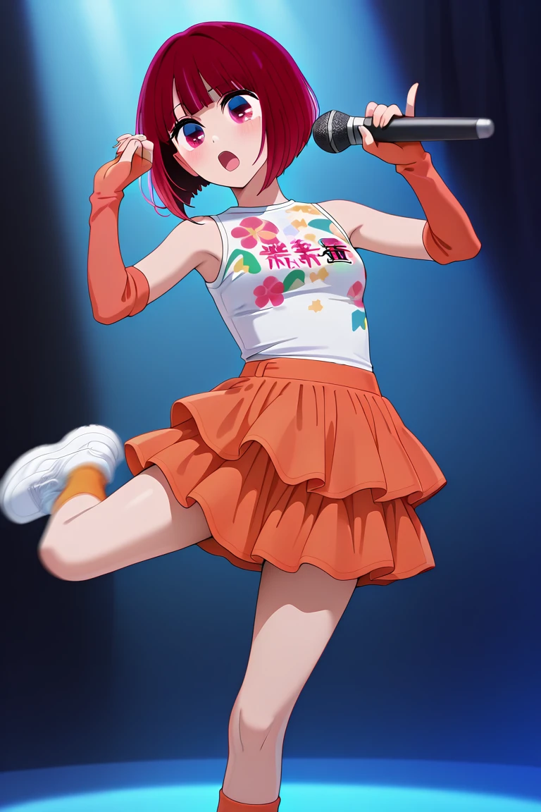 dark red_hair,silver_eyes,wavy hair,1girl,solo <lora:OrangeCasual_ClothingV1.1_Illustrious:1.0>,orangecasual,floral print,white shirt,print shirt,sleeveless shirt,layered skirt,orange skirt ,orange fingerless gloves,socks ,white sneakers,1girl, solo,stage lights, dancing, one leg up, holding mic, spotlight, motion blur, open mouth, action pose, masterpiece, best quality, amazing quality, newest, <lora:kana-arima-s1s2-illustriousxl-lora-nochekaiser:1>,kana arima, arima kana, short hair, bangs, red eyes, red hair, bob cut, mature female, medium breasts, anime screencap, masterpiece, best quality, amazing quality, newest