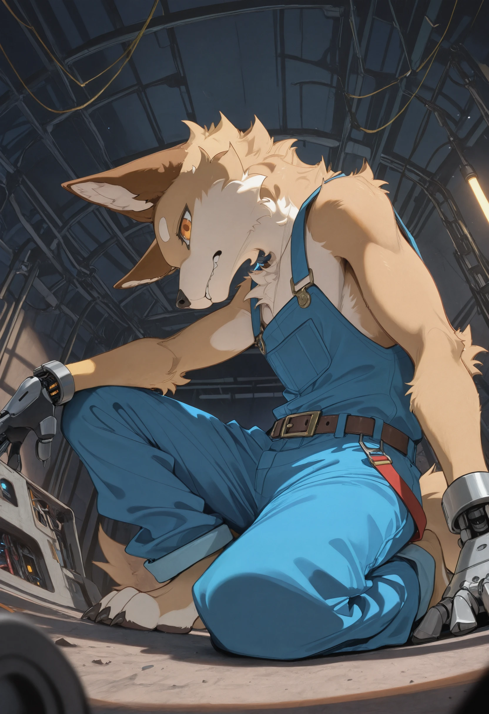 best quality, amazing quality, very aesthetic, absurdres, newest, by chiayeeee, solo, furry, anthro, looking at viewer, sketch lines, simple background, underground hangar, scattered tools and wires, dim industrial lights, character kneeling beside broken robot, focused and greasy, biting lip, looking at opened panel, side angle, overalls and toolbelt, anthro dog with beige fur, brown ears, amber eyes, smudges on snout, mechanical glove on left hand <lora:ChiaYeeeE_Artist_Style_Illustrious:1.2>