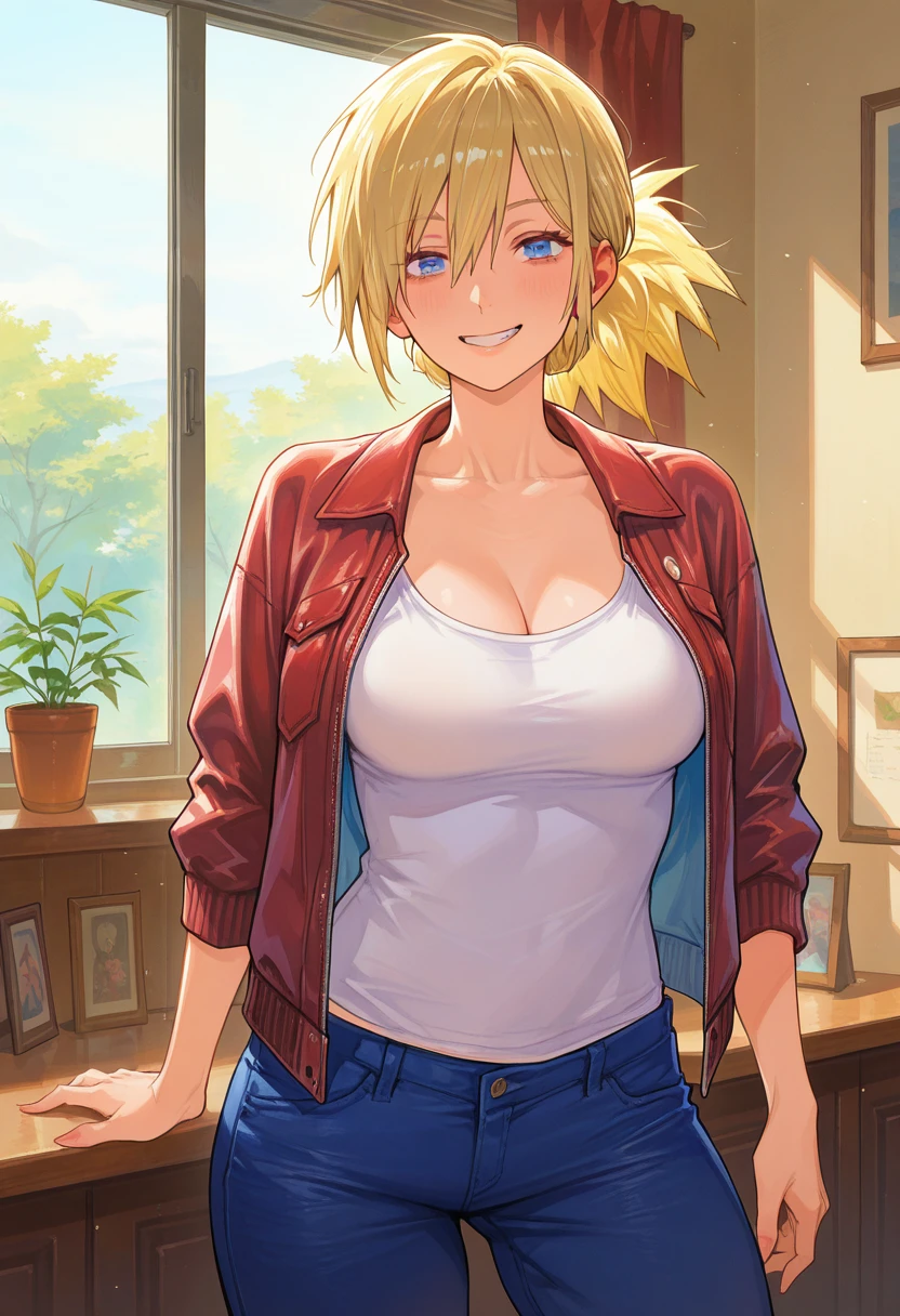 bright yellow t-shirt short sleeve, jeans shorts low rise, classroom background, mei terumi, oda non style, anime cels style, smiling, long hair, blonde hair, (ponytail), green eyes, ((hair over one eye)), (pink lipstick), best quality, high resolution, (cowboy shot, 1 girl, 30yo,Young female,Beautiful Finger,Beautiful long legs,Beautiful body, Beautiful Nose,Beautiful character design, perfect eyes, perfect face,expressive eyes, perfect balance, looking at viewer,(Focus on her face), official art,extremely detailed CG unity 8k wallpaper, perfect lighting,Colorful, Bright_Front_face_Lighting,White skin, (masterpiece:1.0),(best_quality:1.0), ultra high res,4K,ultra-detailed, photography, 8K, HDR, highres, absurdres:1.2, Kodak portra 400, film grain, blurry background, bokeh:1.2, lens flare, (vibrant_color:1.2),professional photograph, (Beautiful,large_Breasts:1.4), (beautiful_face:1.5),(narrow_waist), she is groping her breasts with both her hands