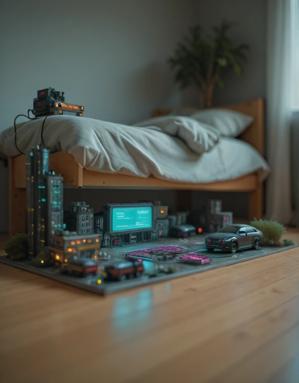 <lora:MIP-TY001ill:1> microscopic landscape with toy cyberpunk city and trees and vegetation on the wooden floor all over the room, bokeh, in a cyberpunk bedroom,