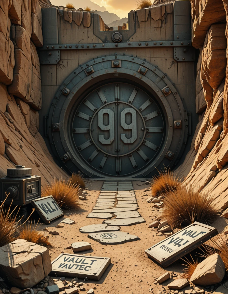 (masterpiece, best quality, photorealistic, cinematic lighting, retrofuturistic post-apocalyptic setting), exterior view of Vault 69, a massive gear-shaped steel door embedded into a rugged canyon wall, the number "69" faded and scratched on its surface, surrounded by broken rock and dead vegetation, cracked concrete and rusted scaffolding scattered with old-world debris, remnants of ruined equipmentâburnt-out terminals, tangled wires, broken warning lightsâsurround the entrance, a toppled Vault-Tec sign lies half-buried in dust, the vault door is slightly ajar, revealing deep darkness inside, the sky is hazy orange with distant ash clouds, long shadows stretch across the desolate terrain, eerie silence, no human presence, inspired by Fallout universe, ultra-detailed, atmospheric storytelling,exterior view of V4ult 69, <lora:exterior_view_of_V4ult_69-i:1>, Masterpiece,best quality,hi res,8k,hi res,8k,award winning,(sharp focus, intricate, highly detailed),