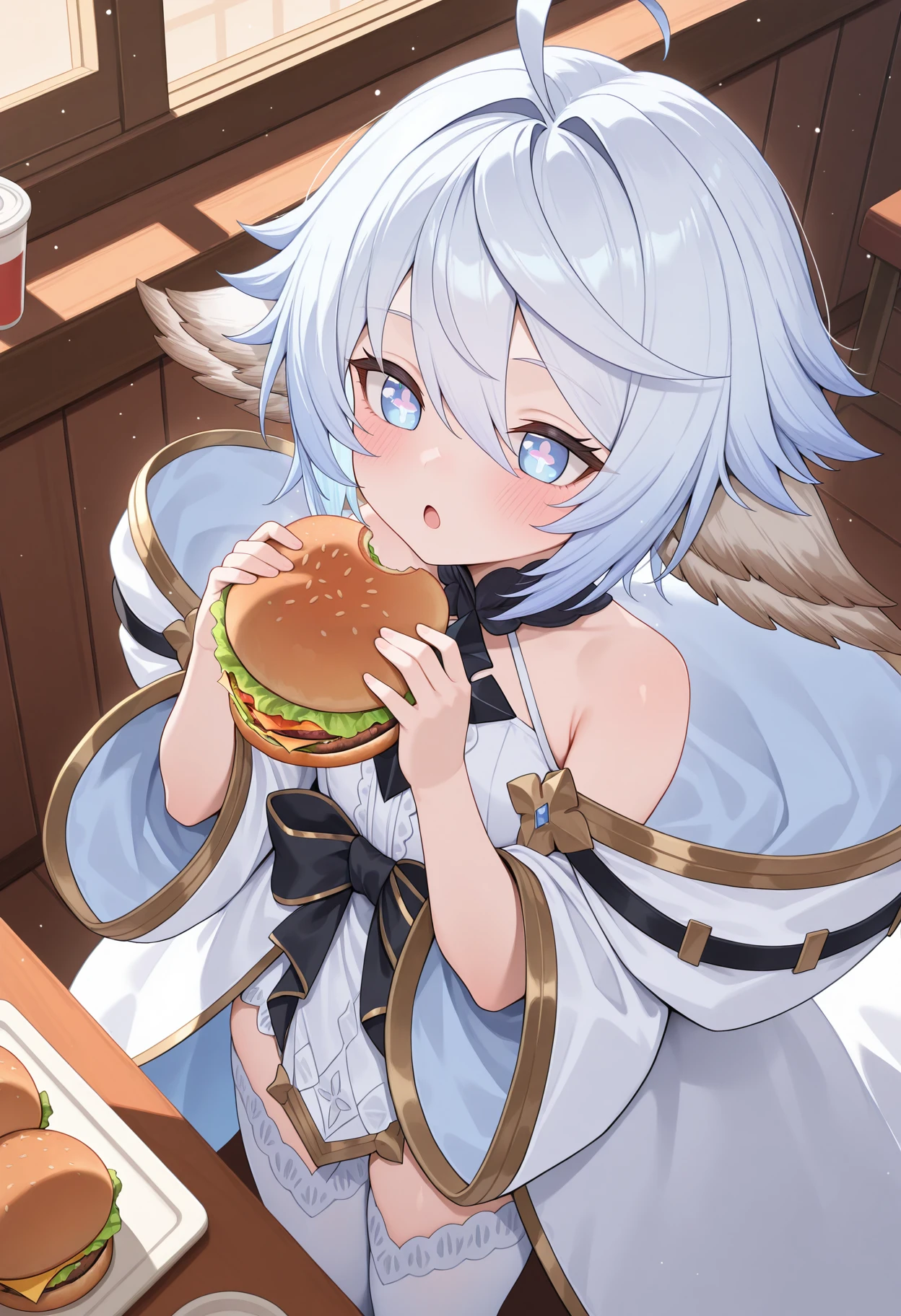 highres, best quality, masterpiece, indoors, restaurant,
1girl, solo, gbfwam, short hair, white hair, blue hair, animal ears, ahoge, blue eyes, + +, flower-shaped pupils,
gbwmdef, white dress, black collar, cross necklace, bare shoulders, sleeveless, waist bow, black bow, white cloak, gold trim, detached sleeves, wide sleeves, white thighhighs,
blush, open mouth, expressionless,
holding burger, bright pupils, light particles, from above,
<lora:_wamdus-elesico-ilxlA:1>