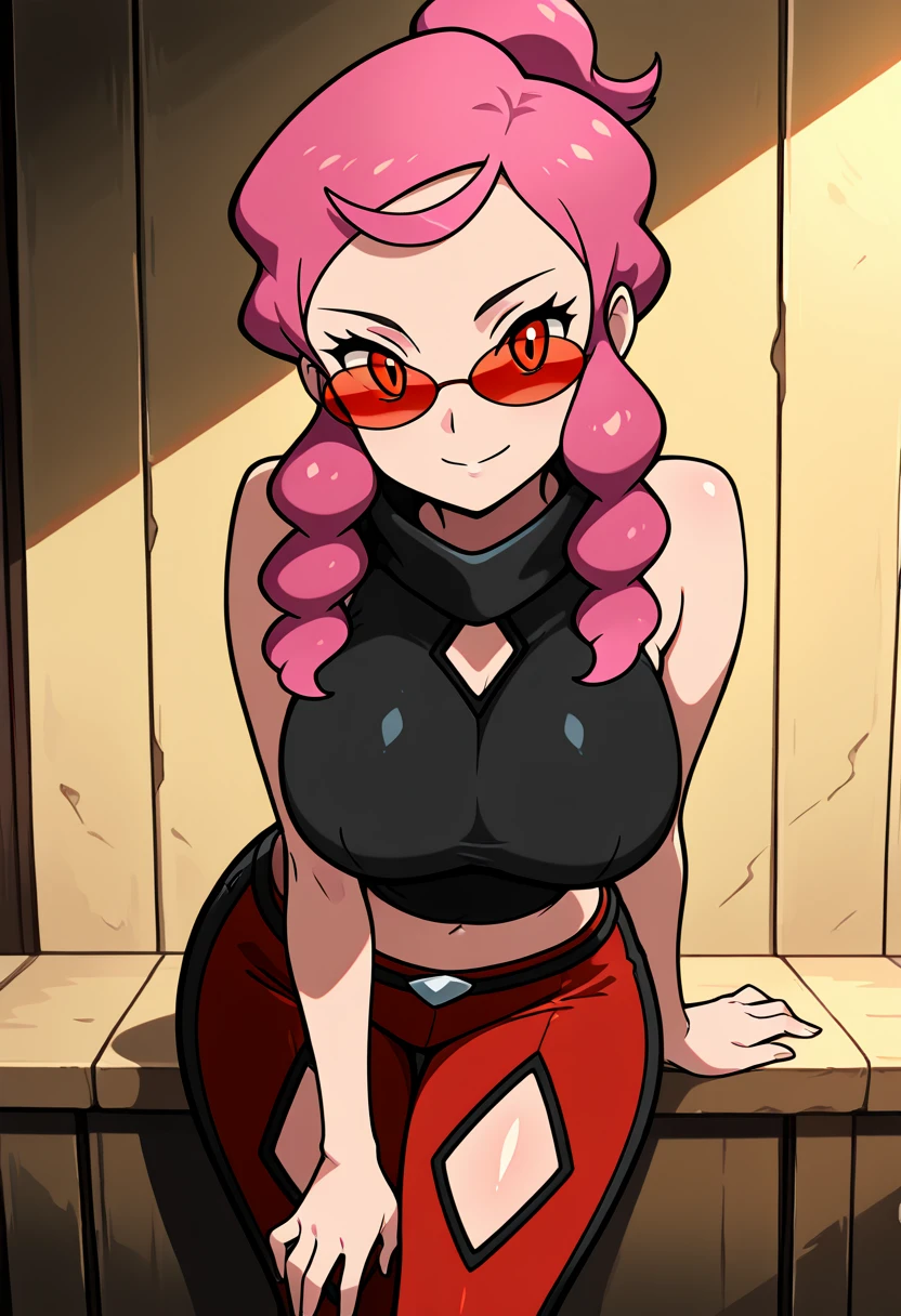 masterpiece, best quality, solo, curvy, beautiful eyes, narrow waist, wide hips, 1girl, solo, smile, looking at viewer, zzMalva, orange eyes, long hair, pink hair, sidelocks, sunglasses, tinted eyewear, sleeveless shirt, black shirt, bare arms, midriff, red pants, diamond cutout, two-tone pants, , <lora:MalvaPokemon_IXL_v2:1.0>, , cowboy shot, leaning forward, smile, looking at viewer, shiny skin,