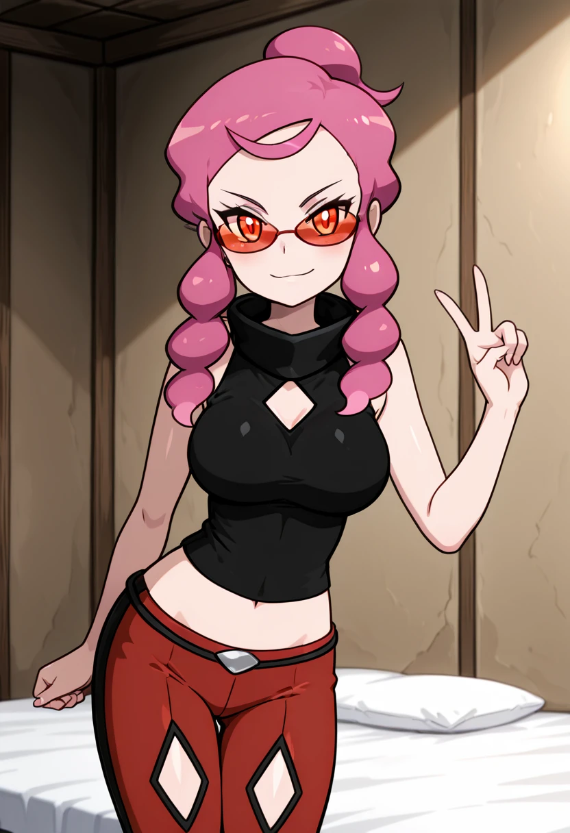 masterpiece, best quality, 1girl, solo, looking at viewer, smile,   zzMalva, orange eyes, long hair, pink hair, sidelocks,  sunglasses, tinted eyewear,  sleeveless shirt, black shirt, bare arms, midriff, red pants, diamond cutout, two-tone pants,  , <lora:MalvaPokemon_IXL_v2:1.0>, , smile, looking at viewer, cowboy shot, leaning forward, smug, aged up, <<lora:MantisIXL_v2:0.8>,
