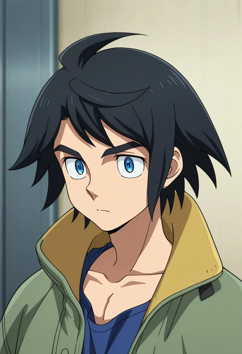 masterpiece,best quality,amazing quality, source_anime,
Mikadzukiogasu, 1boy, male focus, solo, blue eyes, black hair, collarbone, blue tank top, jacket, green jacket, high collar, portrait,