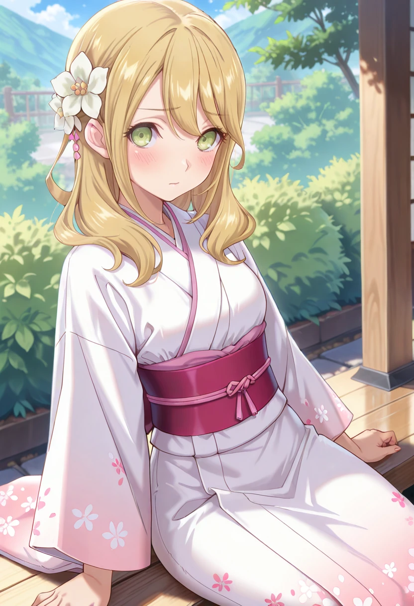 masterpiece, very aesthetic, best quality, absurdres, newest, solo,
<lora:ILR5Alice:1>
R5Alice, 1girl, long hair, blonde hair, long hair, green eyes, looking at viewer, japanese clothes, hair flower, hair ornament, white kimono, sash, outdoors, sitting, obi, blush, white flower, day, long sleeves, wide sleeves, bush