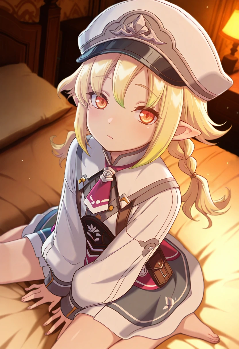 masterpiece, very aesthetic, best quality, absurdres, newest, solo,
<lora:ILR5Livia:1>
R5Livia, 1girl, blonde hair, twin braids, pointy ears, multicolored hair, orange eyes, hat, looking at viewer, from above,sitting on bed,wariza, realstic background, depth of fields,cinematic lighting,dutch angle,indoors, bedroom