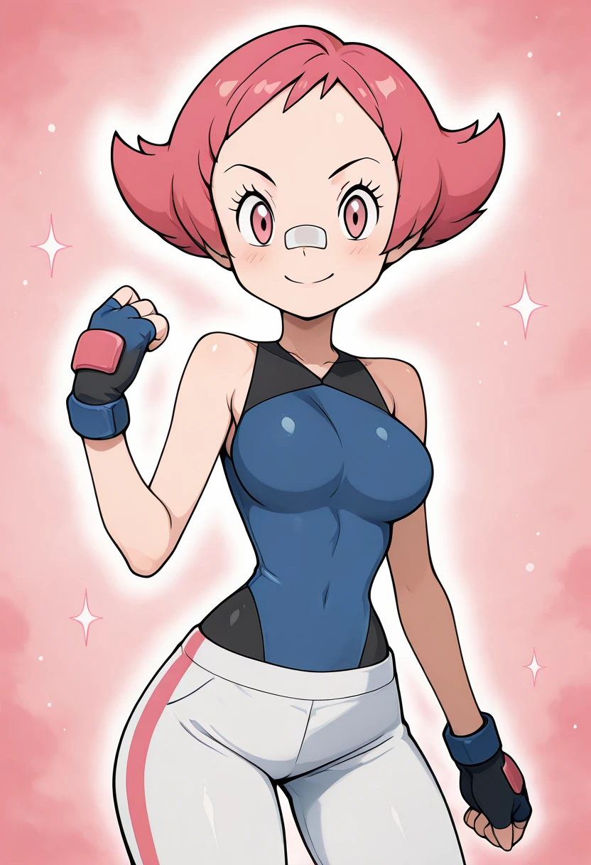 masterpiece, best quality, solo, curvy, beautiful eyes, narrow waist, wide hips, 1girl, solo, smile, looking at viewer, zzMaylene, pink eyes, pink hair, short hair, fingerless gloves, blue shirt, sleeveless shirt, white pants, <lora:MaylenePokemon_IXL_v1:1.0>, , smile, looking at viewer, cowboy shot, <lora:HaradaTakehitoIXL_v3:0.8>, <lora:ZankuroIXLLight_v2:0.3>,