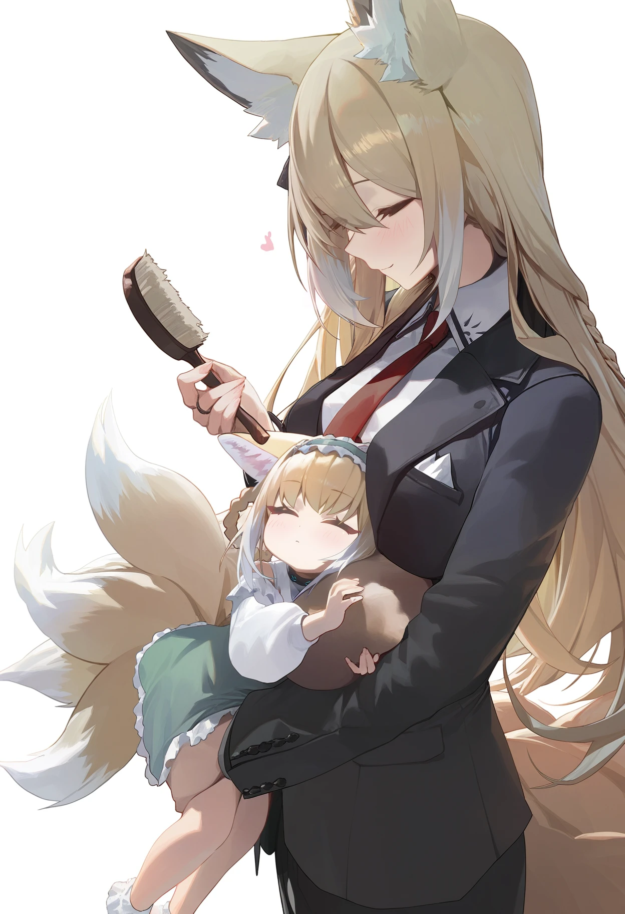 best quality, masterpiece, by modare BREAK
Vulpisfoglia \(Arkknights\), a girl with long blonde hair, fox ears and fox tail, wearing a black suit jacket and red necktie, gently carries Suzuran \(Arknights\), a smaller girl with blonde hair, green frilled hairband, white shirt, and green skirt who also has fox-like traits, includding fox ears and multiple tails. Suzuran has closed eyes, a blush, and a fluffy curled fox tail, resting sleepily in Vulpisfoglia's arms, who is holding a hairbrush. The scene is set against a plain white background